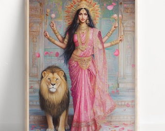 Durga, Goddess Durga, Hindu Goddess, Durga Art, Durga Painting, Hindu Goddess Wall Art, Tiger Goddess, Indian God, Poster Print, Canvas