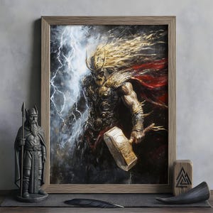 Thor Wall Art, Norse Mythology Decor, Viking God Artwork, God of Thunder Poster, Nordic Wall Art, Thor with Mjölnir, Norse Home Decor