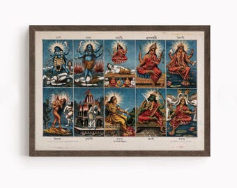 Hindu God Wall Art, Ten Wisdom GODDESSES (DASHA MAHAVIDYA) ,Tantric Devi, Tantric, Vintage Art Indian God , Poster Print, Canvas