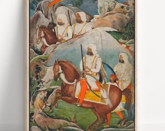 A Hunting Party of Four Sikh Noblemen | Vintage Sikh Warrior Art | Historical India Painting | Heritage Wall Decor Canvas Print