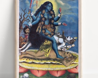 悪魔を倒すカーリー…インドのヴィンテージ絵画の現代版復刻版。 - Etsy