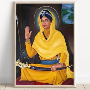 May include: A framed portrait of a figure in a yellow robe and blue turban, holding a sword. The figure has a halo and is seated on a red surface. A spear and shield are visible in the background, along with a small painting of a river scene.