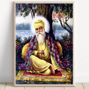 Sikh Art | Guru Nanak Dev | First Sikh Guru from 1469 to 1539 | Vintage Art Painting | Religious Art | Print | Canvas