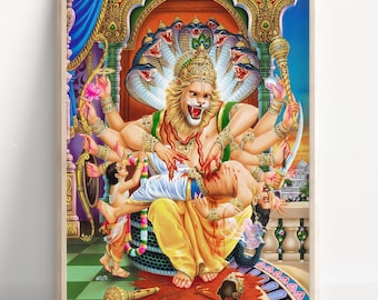 Narasimha, Lord Narasimha, Vishnu as Narasimha Killing Demon Hiranyakashipu, Hindu God Wall Art, Indian God, Poster Print, Canvas