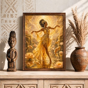 May include: A framed art print shows a woman in a gold dress, with golden light and water. The artwork includes lotus flowers and koi fish. The frame is dark brown. A wooden statue and a vase with dried plants are on a wooden surface.