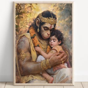 Hanuman, Hanuman with child, Lord Hanuman, Hanuman Art, Hindu God,  Hindu God Wall Art, Indian God, Canvas Print, Poster Print