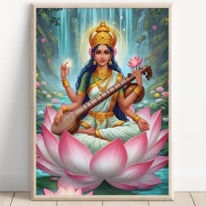 Saraswati, Goddess Saraswati, Goddess of Knowledge, Saraswati Art, Hindu Goddess, Hindu God Wall Art, Indian Goddess, Poster Print, Canvas