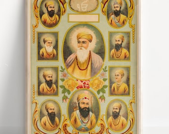 Pintura de diez gurús sijs / Gurú Nanak Dev Ji a Gurú Gobind Singh Ji / Arte mural religioso sij / Póster en lienzo de la herencia divina