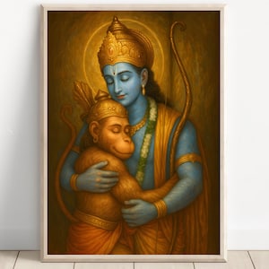 Hanuman and Ram Wall Art, Lord Hanuman Hugging Ram, Jai Bajarang Bali, Hanuman Art, Hindu God,  Hindu God Wall Art, Indian God, Canvas,Print