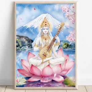 Saraswati at Mount Fuji, Goddess Saraswati, Goddess of Knowledge, Saraswati Art, Hindu Goddess, Hindu God Wall Art, Indian Goddess