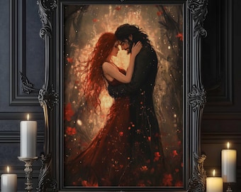 May include: A painting depicting a couple embracing in a woodland setting. The woman has long, red hair and is wearing a red gown. The man has dark hair and is wearing a dark suit. The background is a blurred forest with a golden glow.
