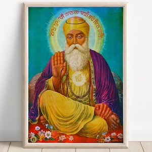 Guru Nanak Dev Ji Blessing Wall Art | Sikh Divine Poster | Punjabi Spiritual Canvas | Framed Sikhism Print | Ik Onkar Artwork