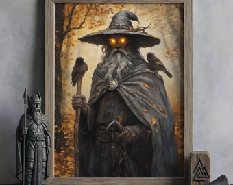 Odin Wandkunst, nordische Mythologie, Wikinger Gott Kunstwerk, All-Vater Poster, nordische Wandkunst, Odin mit Raben und Wölfen, nordische Wohndekoration