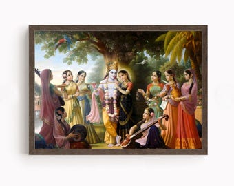 Krishna and Radha with Gopis, Krishna, Krishna painting, Krishna Art, Vintage Art, Indian God