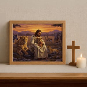 Christian Wall Art, Jesus with Animals, Jesus Christ in Animal Kingdom, Bible Art, Jesus Christ, Jesus will save you