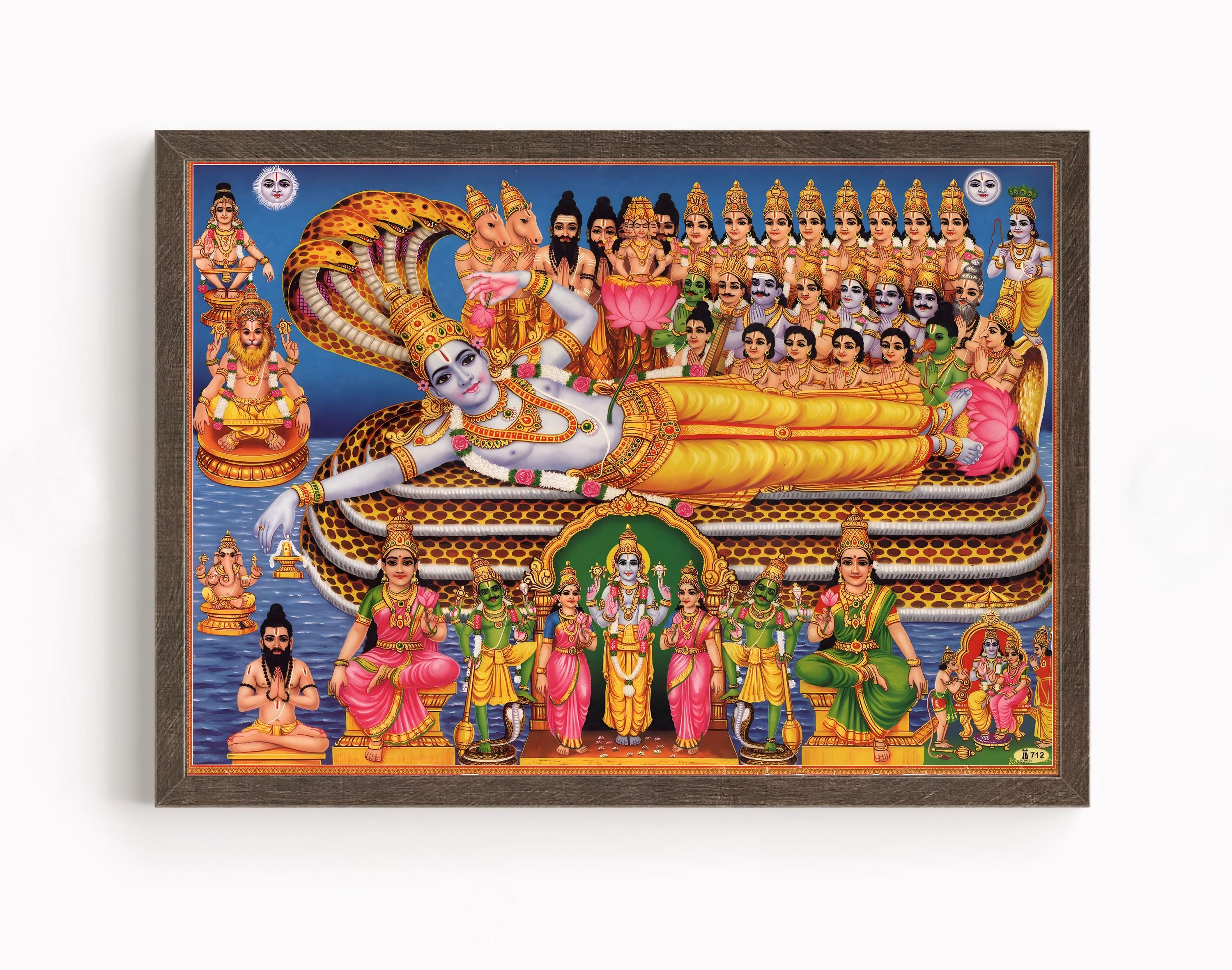 希少、ヒンドゥー教、クリシュナ、プリントキャンバス絵画、インド、神様、ヴィシュヌ 壮大なヴィシュヌ神とシェシュナグのキャンバスプリント、ウォール
