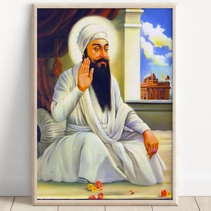 Guru Arjan Dev Ji välsignelseskonst | Sikhism andlig poster | Fridfull punjabi väggdekoration | Canvas & inramad gudomlig sikhisk utskrift