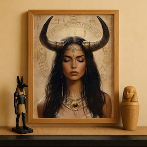 Impresión de la diosa egipcia Hathor, arte mural de la diosa Hathor, decoración de la mitología egipcia antigua, obra de la diosa vaca sagrada, impresión de arte egipcio