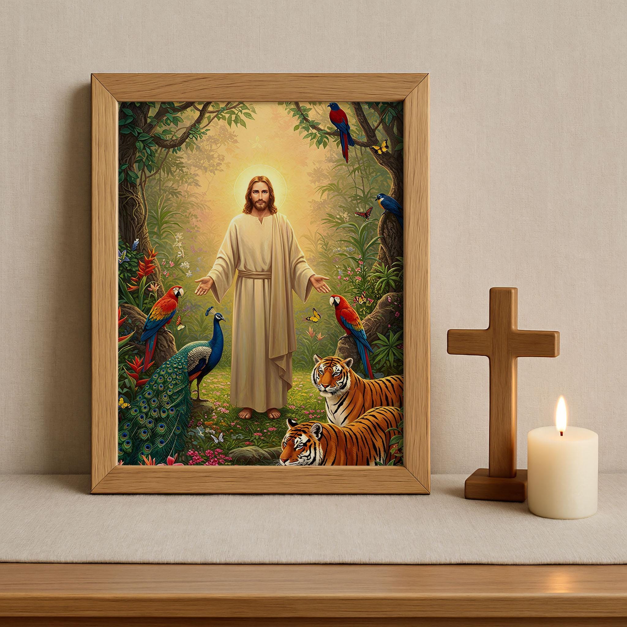 キリスト教の壁画、動物たちとイエス、ジャングルのイエス・キリスト