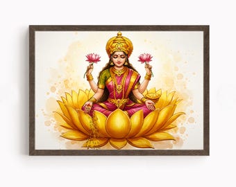 Lakshmi, Bogini Bogactwa, Bogini Lakshmi, Hinduska Bogini Ścienna Sztuka, Hinduski Bóg, Indyjski Bóg, Plakat Wydruk, Płótno