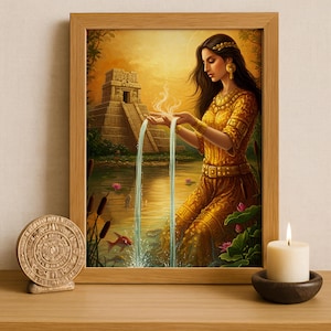Aztec Wall Art, Chalchiuhtlicue Art, Aztec Goddess of Water Decor, Aztec Mythology Artwork, Mexican Aztec Art, Goddess of Rivers and Lakes