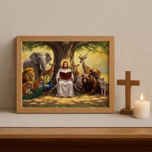 Christian Art, Jesus reading to Animals, Jesus Christ with Animal Kingdom, Bible Art, Jesus Christ, Jesus will save you