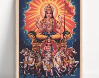Surya, Surya Dev, Signore Surya, Vishnu, Dio Vishnu, Arte murale indù, Arte vintage, Stampa poster, Tela