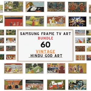 Op de afbeelding: Een collage van 60 vintage afbeeldingen van hindoe-goden, perfect om te tonen op een Samsung Frame TV. De afbeeldingen tonen kleurrijke voorstellingen van verschillende goden, waaronder Krishna, Shiva en Vishnu.