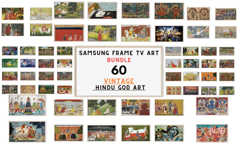 Op de afbeelding: Een collage van 60 vintage afbeeldingen van hindoe-goden, perfect om te tonen op een Samsung Frame TV. De afbeeldingen tonen kleurrijke voorstellingen van verschillende goden, waaronder Krishna, Shiva en Vishnu.