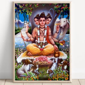Dattatreya, Trimurti, Combination of the three Hindu gods Brahma, Vishnu, and Shiva, Hindu God Wall Art, Indian God, Poster Print, Canvas