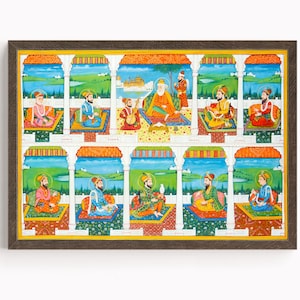 Pode incluir: Uma obra de arte emoldurada com ilustrações coloridas de figuras religiosas em trajes tradicionais. A obra de arte é dividida em seções, cada uma retratando uma figura sentada em um tapete padronizado contra um cenário de paisagens e elementos arquitetônicos. A moldura é marrom escuro.