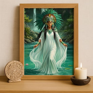 Aztec Wall Art, Chalchiuhtlicue Art, Aztec Goddess of Water Decor, Aztec Mythology Artwork, Mexican Aztec Art, Goddess of Rivers and Lakes