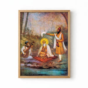 May include: A framed painting depicting a central figure with a yellow halo sitting on a red mat, accompanied by a musician playing a stringed instrument on the left and a standing figure holding a white fan on the right, set in a natural landscape.