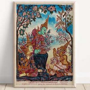A scene from Ramayan Hanuman & Sugriva  giving the statements to Rama and Lakshman, Thai painting, Lord Hanuman, Ram, Lakshman, Ramayan