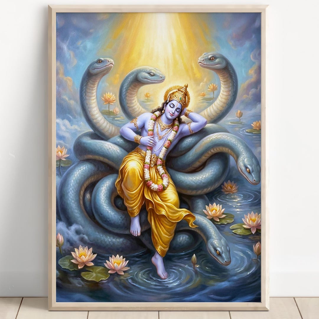Lord Vishnu on Sheshnag Art, Traditional Hindu Deity Print, Reclining ...
