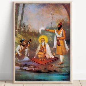 Sikh Art | Guru Nanak Dev | Guru Nanak with Bhai Mardana | First Sikh Guru from 1469 to 1539 | Vintage Art  | Religious Art | Print | Canvas