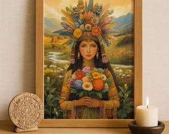 Azteekse kunst aan de muur, Xochiquetzal-kunst, decor Azteekse godin van de schoonheid, Azteekse mythologiekunstwerk, Mexicaanse Azteekse kunst, godin van liefde en vruchtbaarheid