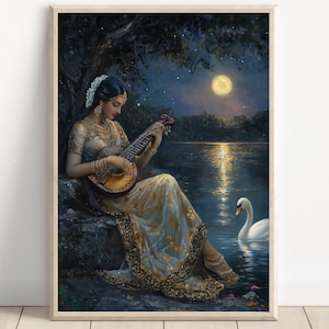 Saraswati, Goddess Saraswati, Goddess of Knowledge, Saraswati Art, Hindu Goddess, Hindu God Wall Art, Indian Goddess, Poster Print, Canvas
