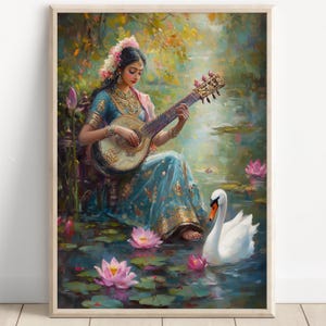 Saraswati, Goddess Saraswati, Goddess of Knowledge, Saraswati Art, Hindu Goddess, Hindu God Wall Art, Indian Goddess, Poster Print, Canvas