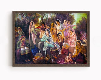 Sikh Art |  Punjabi Women in The Garden | Vintage Art Painting | Print | Canvas