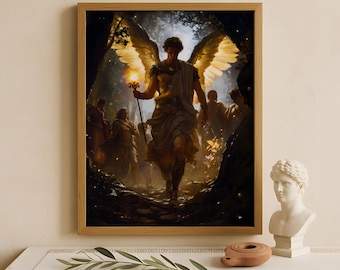 Arte mural de Hermes, dios de los mensajeros, el comercio y los ladrones, póster de dioses griegos, decoración de dioses griegos, arte mural de dioses griegos, arte del dios griego Hermes