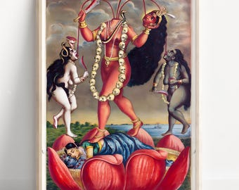 Cartel de Chhinnamasta Mahavidya / Arte de la diosa tántrica de autosacrificio / Decoración de pared hindú Shakti Devi / Marco de lienzo de impresión espiritual india