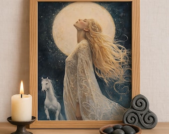Rhiannon Celtic Goddess Wall Art, Welsh Mythology Print, Goddess of Horses and Enchantment, Celtic Tonalism Decor, Feminine Pagan Artwork