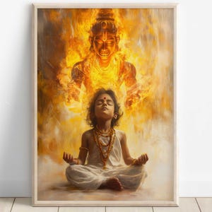 Hanuman, niño meditando bajo la protección de Hanuman, arte de Hanuman, dios hindú, arte mural de dios hindú, dios indio, impresión en lienzo, impresión en póster