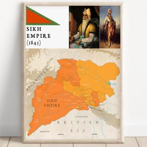 May include: A framed print featuring a map of the Sikh Empire in shades of orange and yellow, with text indicating the year 1845. The print includes portraits of Sikh figures and a flag with orange and green colors.
