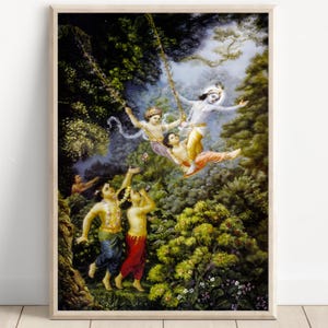 Krishna Balarama Swing-affisch, Vrindavan barndom Leela-målning, hinduisk mytologi väggkonst, andlig canvastavla