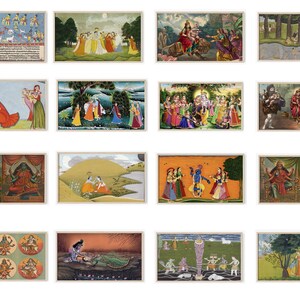 Op de afbeelding: Een verzameling van 15 ingelijste schilderijen die sc&egrave;nes uit de hindoe&iuml;stische mythologie uitbeelden. De schilderijen zijn kleurrijk en gedetailleerd, met ingewikkelde ontwerpen en figuren. De schilderijen zijn tegen een witte achtergrond geplaatst.