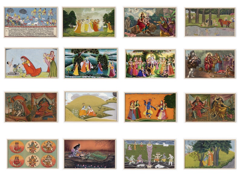Op de afbeelding: Een verzameling van 15 ingelijste schilderijen die sc&egrave;nes uit de hindoe&iuml;stische mythologie uitbeelden. De schilderijen zijn kleurrijk en gedetailleerd, met ingewikkelde ontwerpen en figuren. De schilderijen zijn tegen een witte achtergrond geplaatst.
