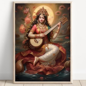 Saraswati, Goddess Saraswati, Goddess of Knowledge, Saraswati Art, Hindu Goddess, Hindu God Wall Art, Indian Goddess, Poster Print, Canvas