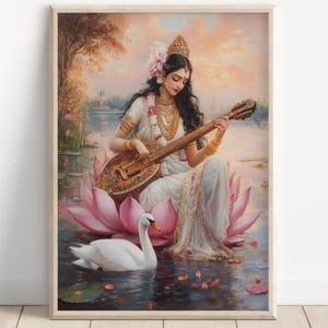 Saraswati, Goddess Saraswati, Goddess of Knowledge, Saraswati Art, Hindu Goddess, Hindu God Wall Art, Indian Goddess, Poster Print, Canvas